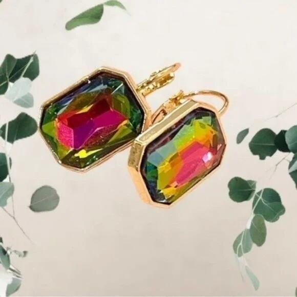 Green Iridescent Crystal Drop Dangle Earrings - Picture 4 of 6